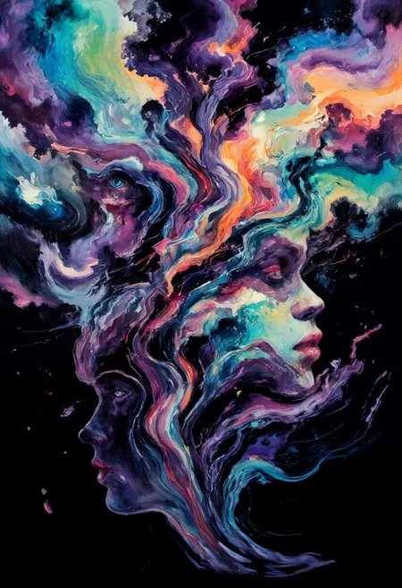 A surreal side-profile of a human head with the top of their skull open, revealing a cascade of thoughts escaping into the air. These thoughts take the form of vibrant, swirling, hallucinatory smoke, twisting and expanding upwards into a mesmerizing, colorful cloud. The smoke is an explosion of neon blues, purples, pinks, oranges, and greens, blending seamlessly like a psychedelic dream. Abstract shapes, eyes, and fleeting visions appear within the smoke, symbolizing imagination and consciousness. The background is dark, making the luminous colors stand out, creating a hypnotic, otherworldly glow. The face itself is calm and serene, lost in deep thought. The image exudes creativity, mystery, and the boundless nature of the mind.