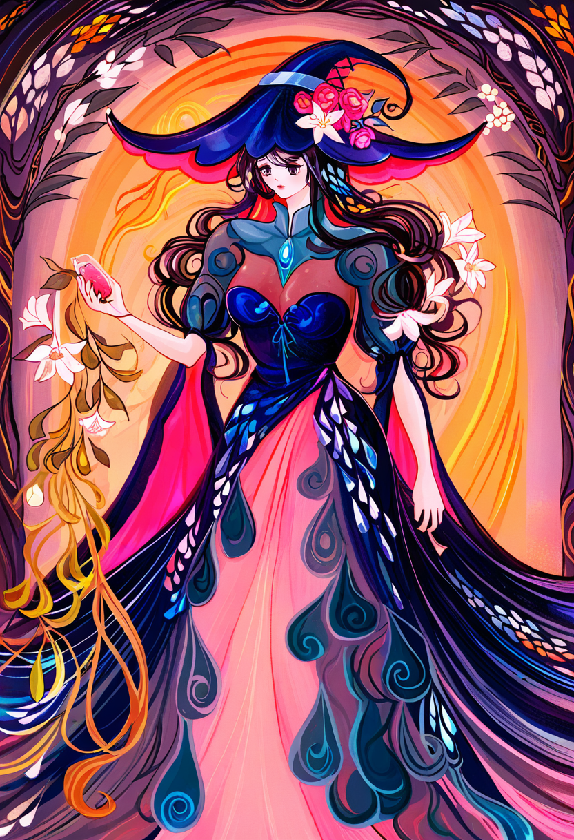1girl, hat, solo, long hair, witch hat, dress, black hair, holding, flower, breasts, witch <lora:cqtlatteXL_NBVP1_lokr_V6311P:0.95>