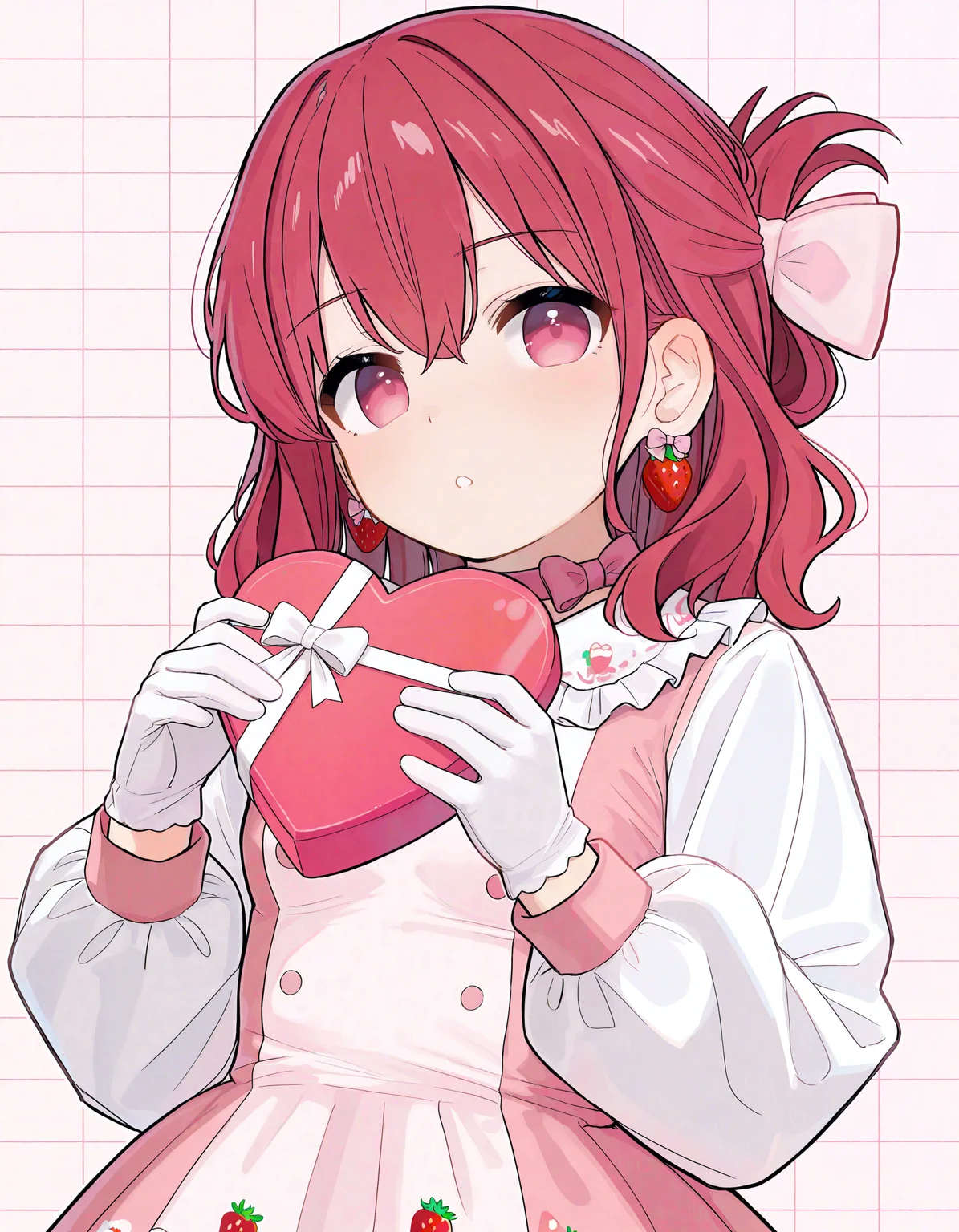 masterpiece, best quality, high quality, <lora:gachigachi:1> gachigachi, grid background, strawberry, cake, flower, pink theme,
BREAK 1girl, solo, small breasts, red hair, medium hair, folded ponytail, wispy bangs, wavy hair, hair bow, bow earrings, pink bow, bow choker, frilled dress, frilled collar, strawberry print, white dress, pink dress, two-tone dress, puffy long sleeves, white gloves, upper body, holding box, heart-shaped box, hands up, parted lips, looking at viewer