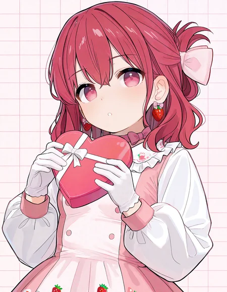 masterpiece, best quality, high quality, <lora:gachigachi:1> gachigachi, grid background, strawberry, cake, flower, pink theme,
BREAK 1girl, solo, small breasts, red hair, medium hair, folded ponytail, wispy bangs, wavy hair, hair bow, bow earrings, pink bow, bow choker, frilled dress, frilled collar, strawberry print, white dress, pink dress, two-tone dress, puffy long sleeves, white gloves, upper body, holding box, heart-shaped box, hands up, parted lips, looking at viewer