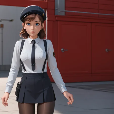 <lora:laetitia_pony_v1:.8>LaetitiaSecurity, 1girl, blue eyes,  brown hair, cowboy shot,  <lora:0902 Home wear 5_v1_pony:1> ruanyi0902,beret,black ribbon,collared shirt,black pantyhose,high-waist skirt,white shirt,suspenders