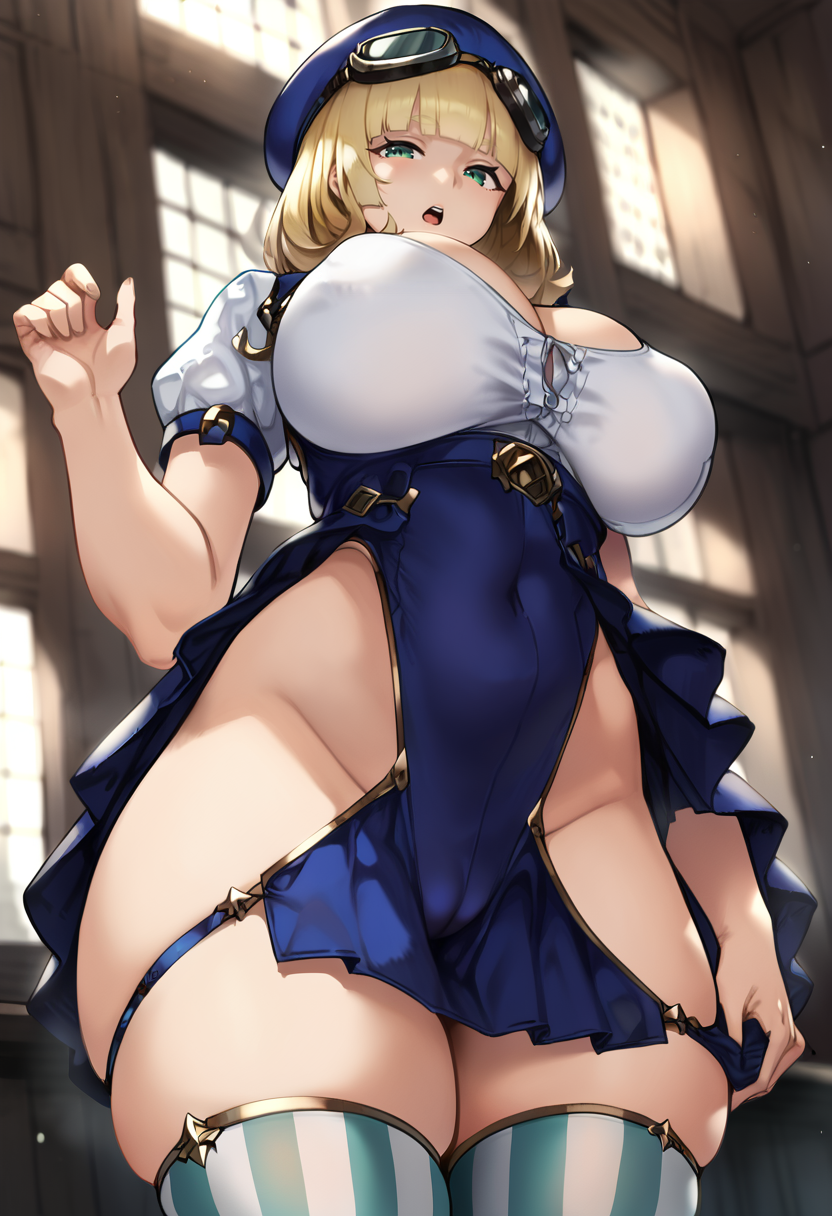 score_9, score_7_up,  1girl, 
solo, huge breasts, wide hips, thick thighs, striped thighhighs, puffy sleeves, thighhighs, looking down, puffy short sleeves, highleg, leotard, skirt, goggles, blue skirt, cleavage, open mouth, from below, blue headwear, short sleeves, blonde hair, highleg leotard, thighs, covered navel, medium hair, green eyes, cameltoe, looking at viewer, breasts, blunt bangs, striped clothes, skindentation
 <lora:houtengeki-Style-PonyXL-GLoRA-000039:1>
