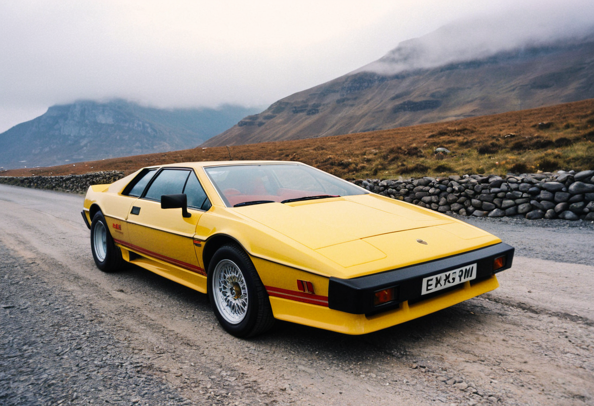 ClassicSportsCar, gleaming yellow Lotus Esprit, side front view, foggy, road, mountains, scenic landscape, 4K, highly detailed, (((stylish grainy analog 35mm film photo)))
