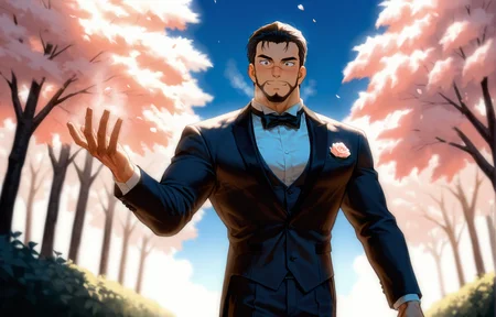 "A handsome anime-style groom in a white wedding tuxedo with a rose boutonniere, standing in a romantic outdoor garden with soft lighting, cherry blossoms falling, and a bright blue sky. He has neatly styled hair, a gentle smile, and elegant posture. Background is dreamy, cinematic, and slightly blurred for depth.<lora:Red_Siamese_Cats_leader__Detective_Conan:.7>, Red Siamese Cats leader, A serious anime-style male  He has short dark hair slicked back, a trimmed beard, The setting is a dramatic, cinematic moment with strong lighting and a tense atmosphere, cowboy shot, 
(,looking at the viewer, steam, sexy)
(very short hair, beard, bara, mature, facial hair, stubble, beard, full beard, sideburn, beard, a lot of beard, ), facial hair,male focus, muscular male, muscular male, bara, mature,  bara, mature, aixiwuganda_(20222192), very awa, masterpiece, best quality, absurdres, newest, perfect quality, detailed background, intricate details,
<lora:slider_Body Type_alpha1.0_rank4_noxattn_last:3><lora:Anime Summer Days 2 Style SDXL_LoRA_Pony Diffusion V6 XL:.6><lora:slider_cfg_scale_boost:.7><lora:Artist6p:.55>, Artist6p, Artist04p,<lora:slider_il_brightness_slider_d1:-1><lora:slider_il_contrast_slider_d1:-1><lora:slider_DarkSlider1.2_alpha1.0_rank16_full_300steps:-.6>