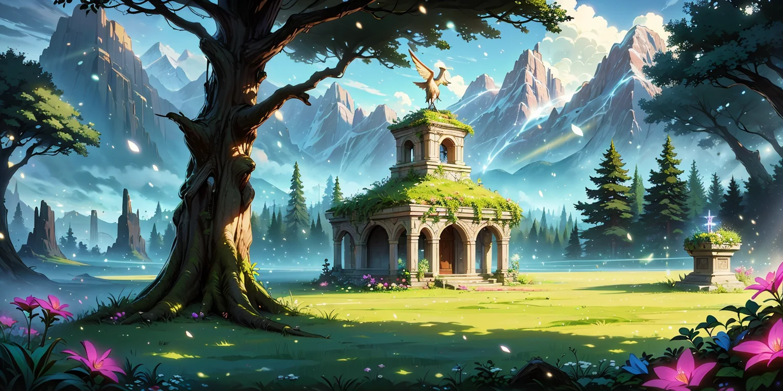 scenery, landscape,  digital illustration, mountain vista, flowers, forest, medieval, breathtaking, godbeam, [summer|(snow)], highest quality, highly detailed, masterpiece, best quality, Naturemagic, magical energy, fantasy, (art by Shreya Shetty, art by  Howard Lyon ,art by Eytan Zana )ADDBASE, 
(snowy mountain), clouds,ADDROW
clouds, sky, birds, ADDROW
verdant field,altar,glade, <lora:Theme_NatureMagic:0.8>