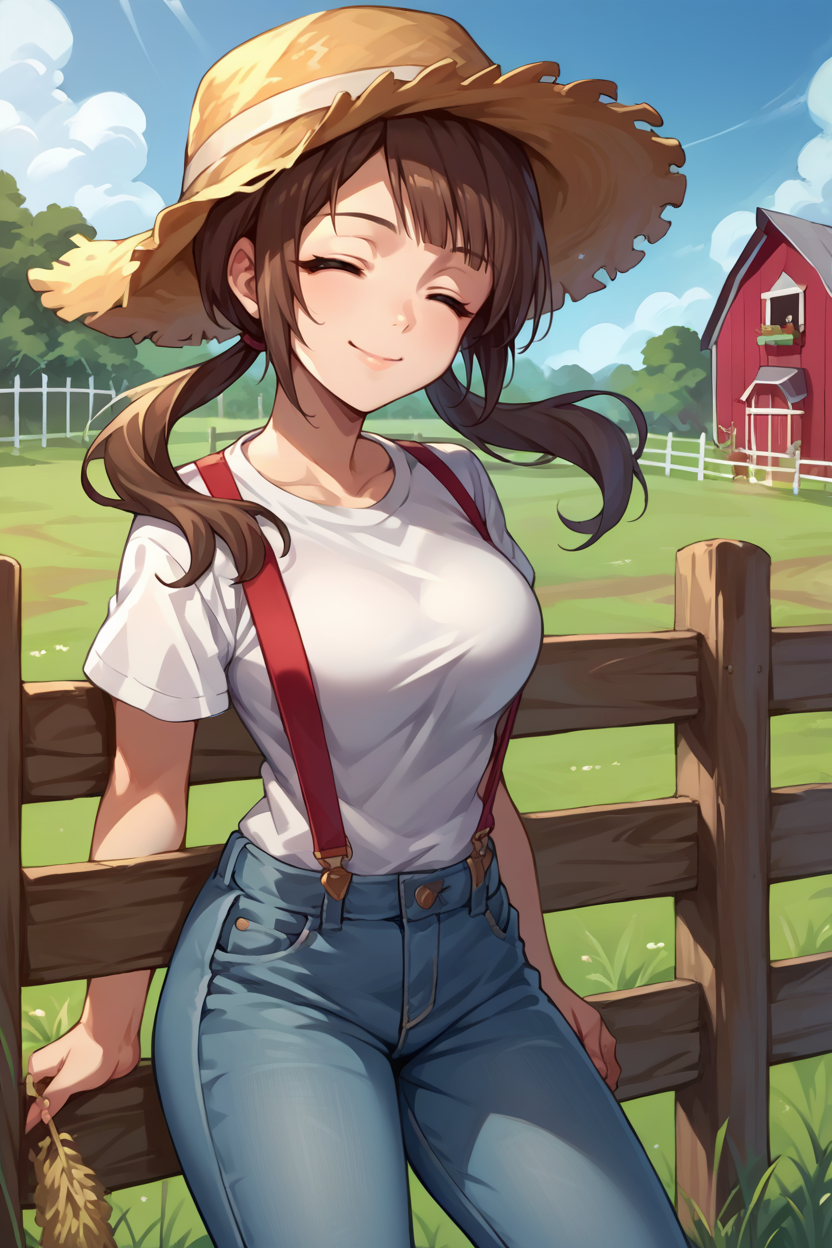 score_9, score_8_up, score_7_up, score_6_up, source_anime, 1girl, solo, <lora:okitasawa-pdxl-nvwls-v1-000006:1> okitasawa, brown hair, low twintails, straw hat, white t-shirt, medium breasts, jeans, denim, red suspenders, looking at you, farm, fence, smile, closed eyes