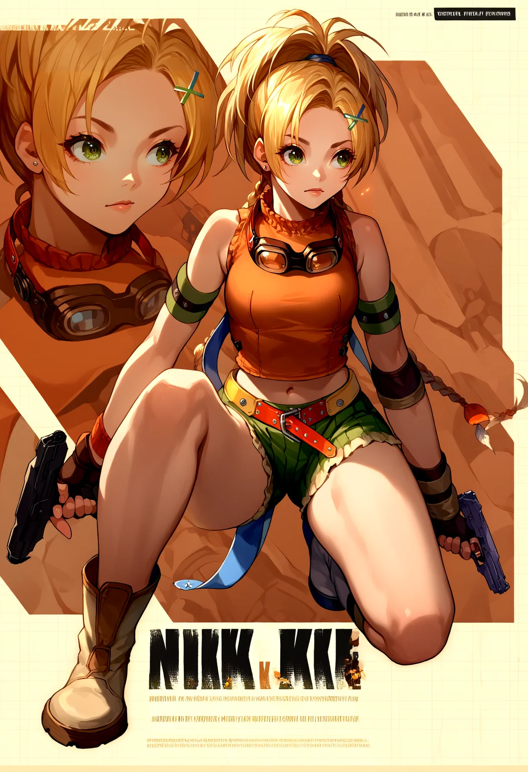 score_9, score_8_up, source_anime, RikkuX, x hair ornament, goggles around neck, fingerless gloves, midriff, navel, belt, boots, <lora:RikkuX_XLPD:1>, <lora:NIKKEProfile_PDXL:1>, IncrsNikkeProfile, full body, zoom layer, one knee, holding weapon, holding gun