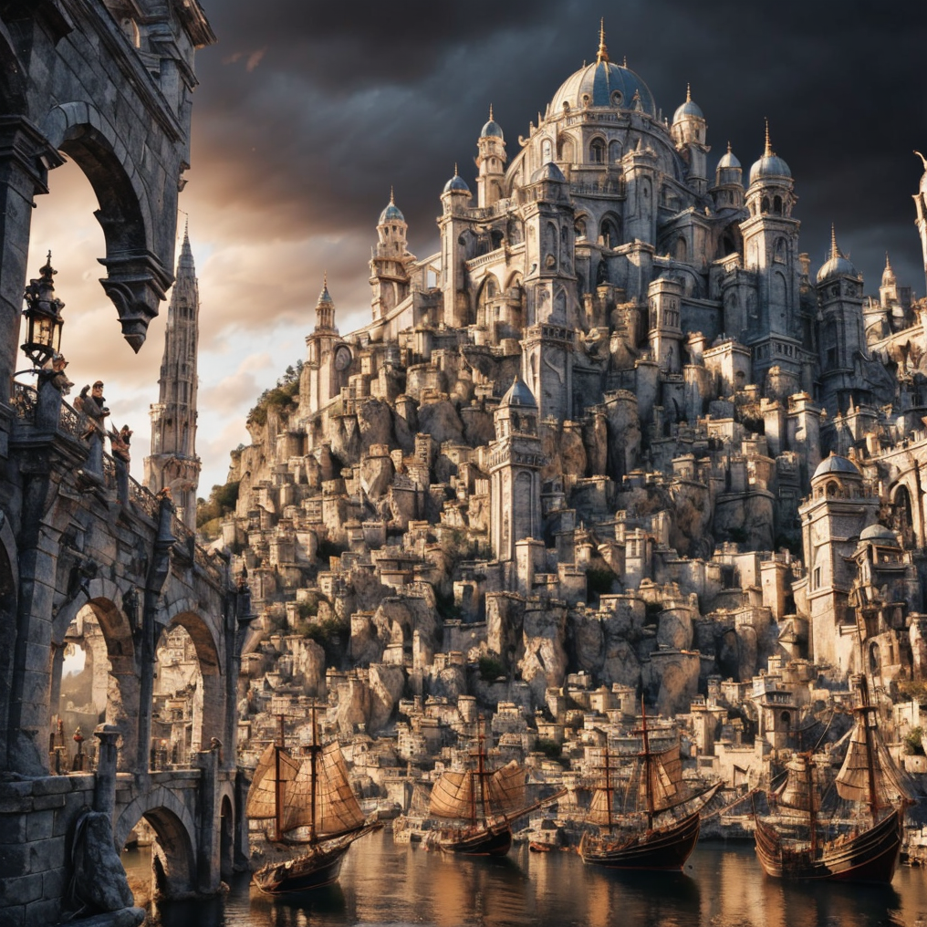 RAW photo, (masterpiece:1.3), subsurface scattering, heavy shadow, (high quality:1.4), (intricate, high detail:1.2), professional photography, HDR, High Dynamic Range, realistic, ultra realistic, photorealistic, high resolution, film photography, ambient lighting, atmospheric effects, <lora:detail_slider_v4:2>, OverallDetail, Numenor, a medieval fantasy harbour, some big ships, big statues, towers, walls, <lora:Numenor-10:1>, in the style of Middle Earth, Tolkien, Minas Tirith, epiCPhoto