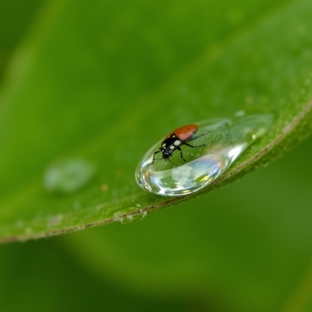 Photography macro ultra-close up of a water droplet on a leaf. Through the drop let, you can see a very distorted image of a lady bug. Very blurry background, depth of field, bokeh <lora:refraction-000111:1>