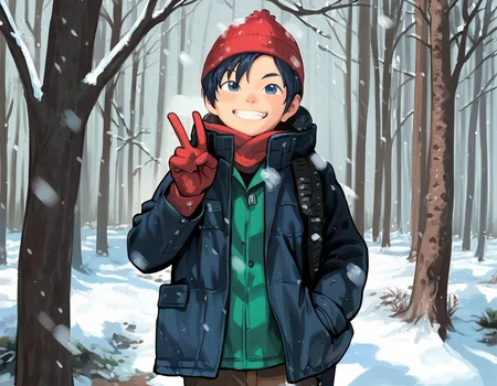 score_9, score_8_up, score_7_up, score_6_up, film grain, uncensored, outdoors, forest, winter, snowing, trees, fisheye BREAK 1boy, solo, beanie, snow jacket, pants, looking up at viewer, smirk, peace sign <lora:shounen_zoomXL_ot_v4d-AMXL_v2score:0.95>