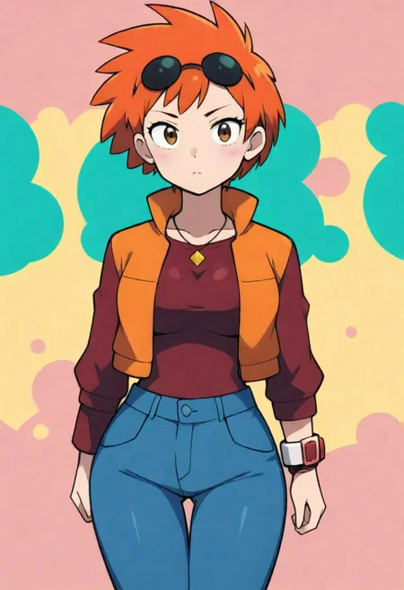 2d, masterpiece, best quality, amazing quality, highres, absurdres, newest, 1girl, solo, cowboy shot, looking at viewer, multicolored background, simple background, colorful background, medium breasts, pkzoey, orange hair, short hair, spiked hair, bangs, necklace, eyewear on head, sunglasses, red shirt, long sleeves, bracelet, orange vest, jeans, denim