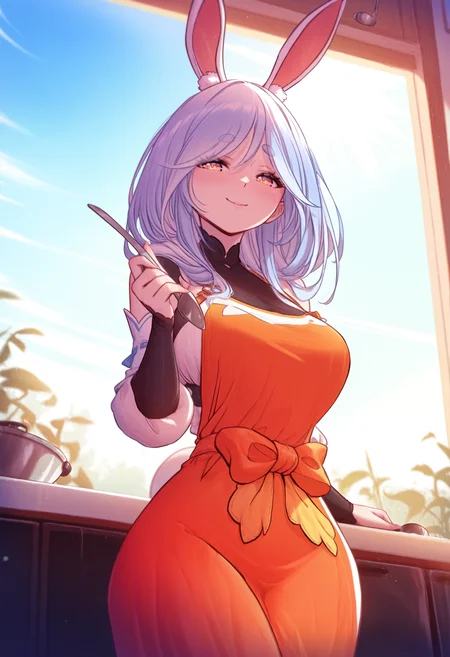 1girl, solo, mitsuartstyle, pekomama, apron, holding, ladle, kitchen, indoors, window, sun, blue sky, masterpiece, best quality, newest, absurdres, highres