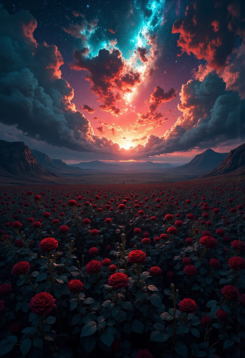 A breathtaking scene of a lush field blanketed by velvety black roses sways gently in the evening breeze. Amidst this mystical backdrop, the skies erupt into a vibrant display of fiery reds and radiant teals during a novaburst. The heavens twinkle with stars, while a majestic nebula glows softly behind, its ethereal tendrils stretching towards the dark rose petals.