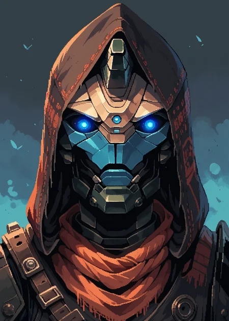 <lora:d3p1x3lXLP:1> simple background, solo, detailed pixel art, portrait, upper body,
<lora:Cayde-6_PonyXL-000007:0.7> cayde, robot, colored skin, glowing eyes, blue eyes, scarf, hood, armor, horn, BREAK score_9, score_8_up, score_7_up, score_6_up, score_5_up,