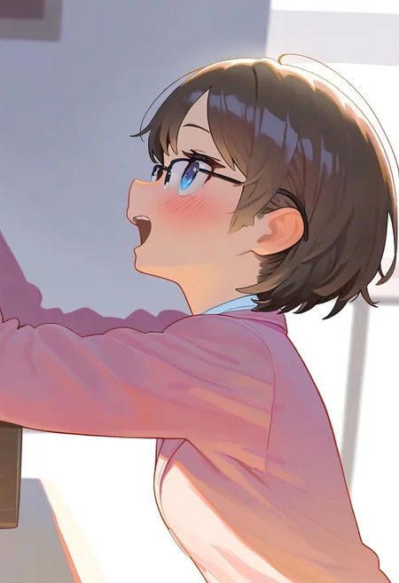 masterpiece, best quality, very aesthetic, high resolution, ultra-detailed, absurdres, newest, extremely detailed eyes, beautiful, perfect lighting, hi res, amazing quality, very awa, Brightly Lit, Highly Visible, 8k, sharp focus, beautiful, perfect lighting, volumetric lighting, scenery, painting_(artwork), PSTL_ST, 1girl, blush, short hair, open mouth, bangs, blue eyes, simple background, brown hair, shirt, black hair, long sleeves, 1boy, white background, sitting, jacket, white shirt, glasses, profile, sunglasses, pink jacket