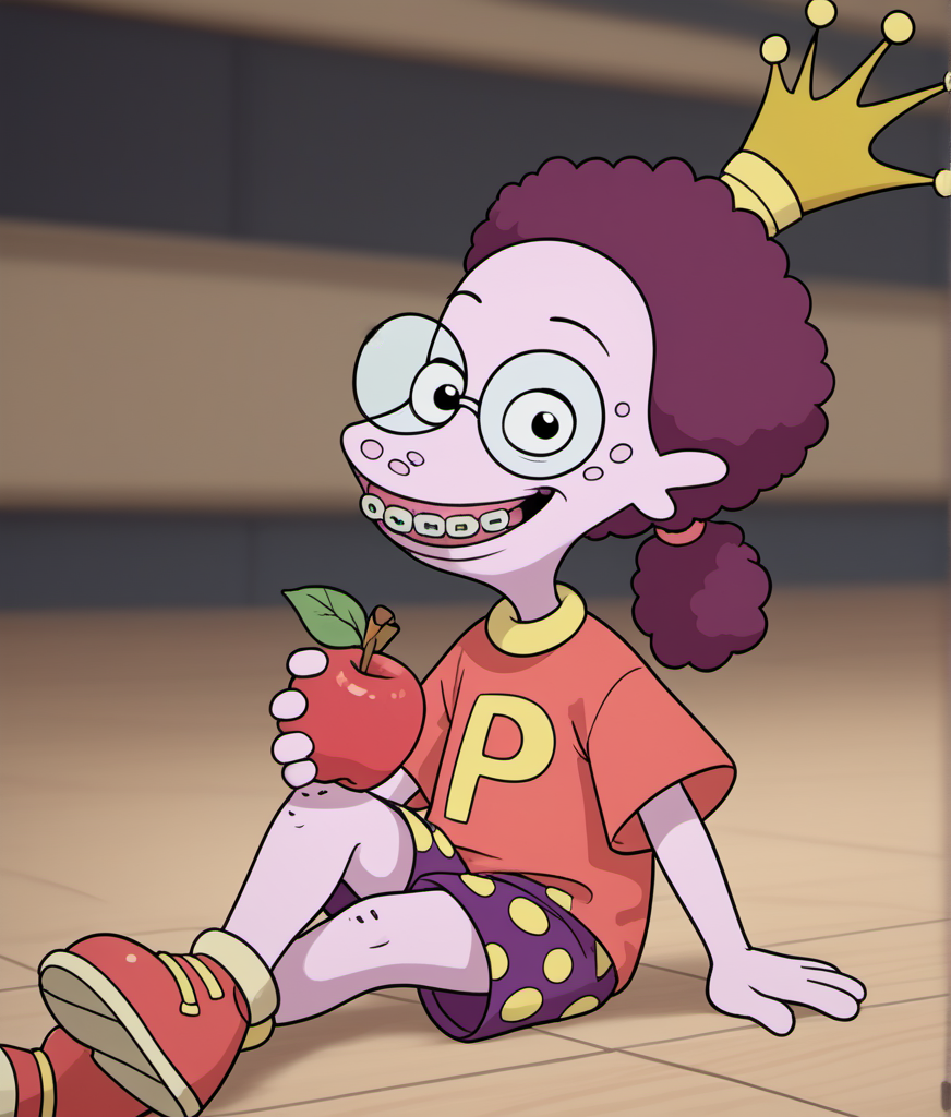 score_9, score_8_up, score_7_up, 1girl, solo, popking1, child, purple hair, afro, ponytail, glasses, black pupils, freckles, shirt, crown, pink skin, colored skin, sitting on floor, crossed legs, jester shorts, shoes, looking at viewer, grin, braces, holding apple, blurry background, floor, <lora:popking1:1>,