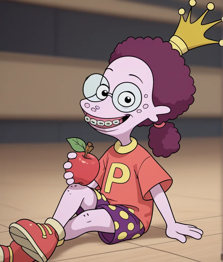 score_9, score_8_up, score_7_up, 1girl, solo, popking1, child, purple hair, afro, ponytail, glasses, black pupils, freckles, shirt, crown, pink skin, colored skin, sitting on floor, crossed legs, jester shorts, shoes, looking at viewer, grin, braces, holding apple, blurry background, floor, <lora:popking1:1>,
