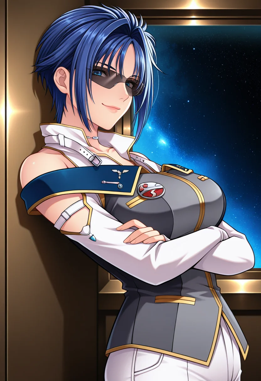 masterpiece,best quality,amazing quality,
srwVltt,
1girl, solo, kouno sachiko (style),
blue hair, short hair, sidelocks,blue eyes, lips, large breasts,
vlttDef, uniform, choker, high collar, collarbones, bare shoulders, white shirt, grey vest, blue lapel, medals, white pants,
crossed arms, sunglasses, covered eyes, smile,
looking at viewer, from side, leaning back, against wall, crossed arms,
spaceship interior, window, space,