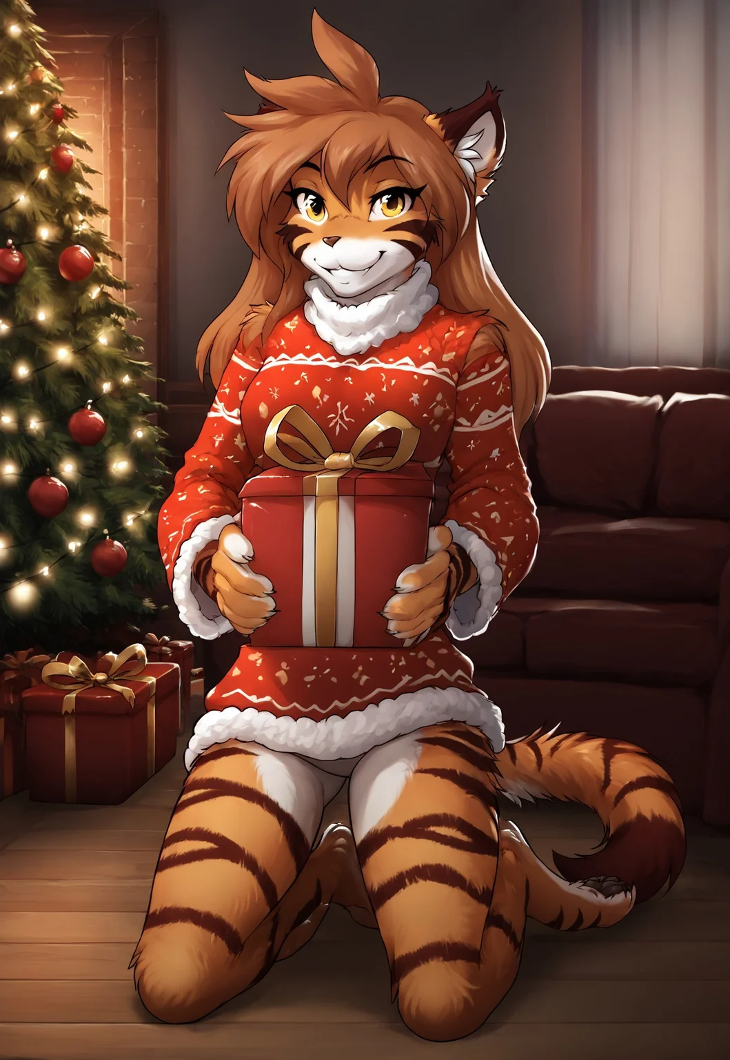 score_9, score_8_up, score_7_up, masterpiece, best quality, good quality, highly detailed, absurdres, intricate details, detailed background, indoors, living room, dim lights, xmas tree, xmas decorations, present boxes, fluffy_new_year, merry_furistmas, 1 girl, solo, anthro, flora-twokinds, tiger tail, fur, detailed fur, body fur, fluffy, christmas sweater, holding present box, kneeling on the floor, looking at viewer, smile
