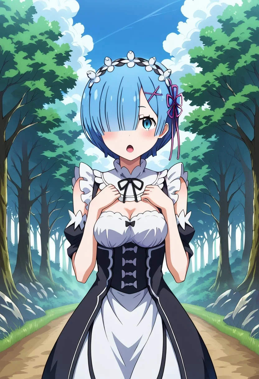 Rem, blue hair,
<lora:RemV1:0.7>,
standing, hands up,
outdoors, forest, nature