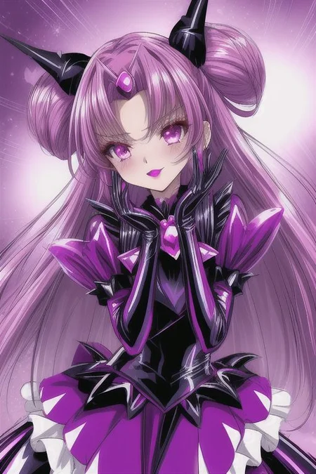 evil corrupted young princess wearing dark pastel (ruffled:1) (gleaming latex:1) EvlSM DarkPrecure Bad_End_Precure gown with (long latex cape:1) and latex elbow bridal gauntlets, (Perfect Face:1), soft lighting, glossy red lips, ruffles,
<lora:more_details:1>
