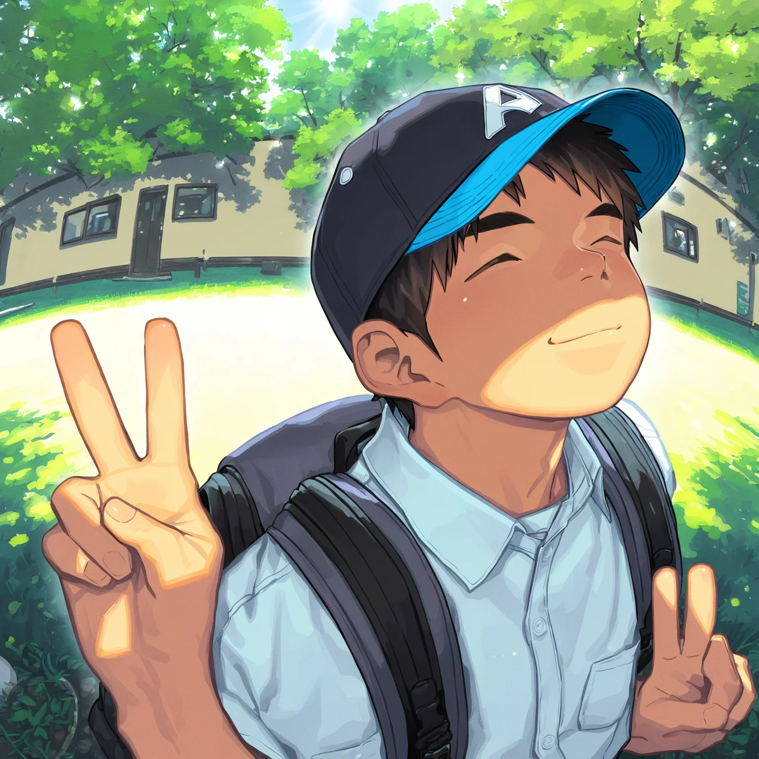 masterpiece, shounenzoom-style, 2020s, outdoors, sunlight, fisheye, upper body, 1boy, solo, closed eyes, smile, baseball cap, white shirt, backpack, peace sign <lora:shounen_zoom-naixl-v7Nc-ShoAI:1>