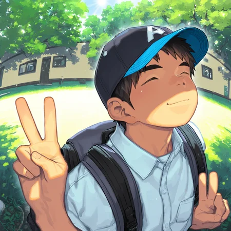 masterpiece, shounenzoom-style, 2020s, outdoors, sunlight, fisheye, upper body, 1boy, solo, closed eyes, smile, baseball cap, white shirt, backpack, peace sign <lora:shounen_zoom-naixl-v7Nc-ShoAI:1>