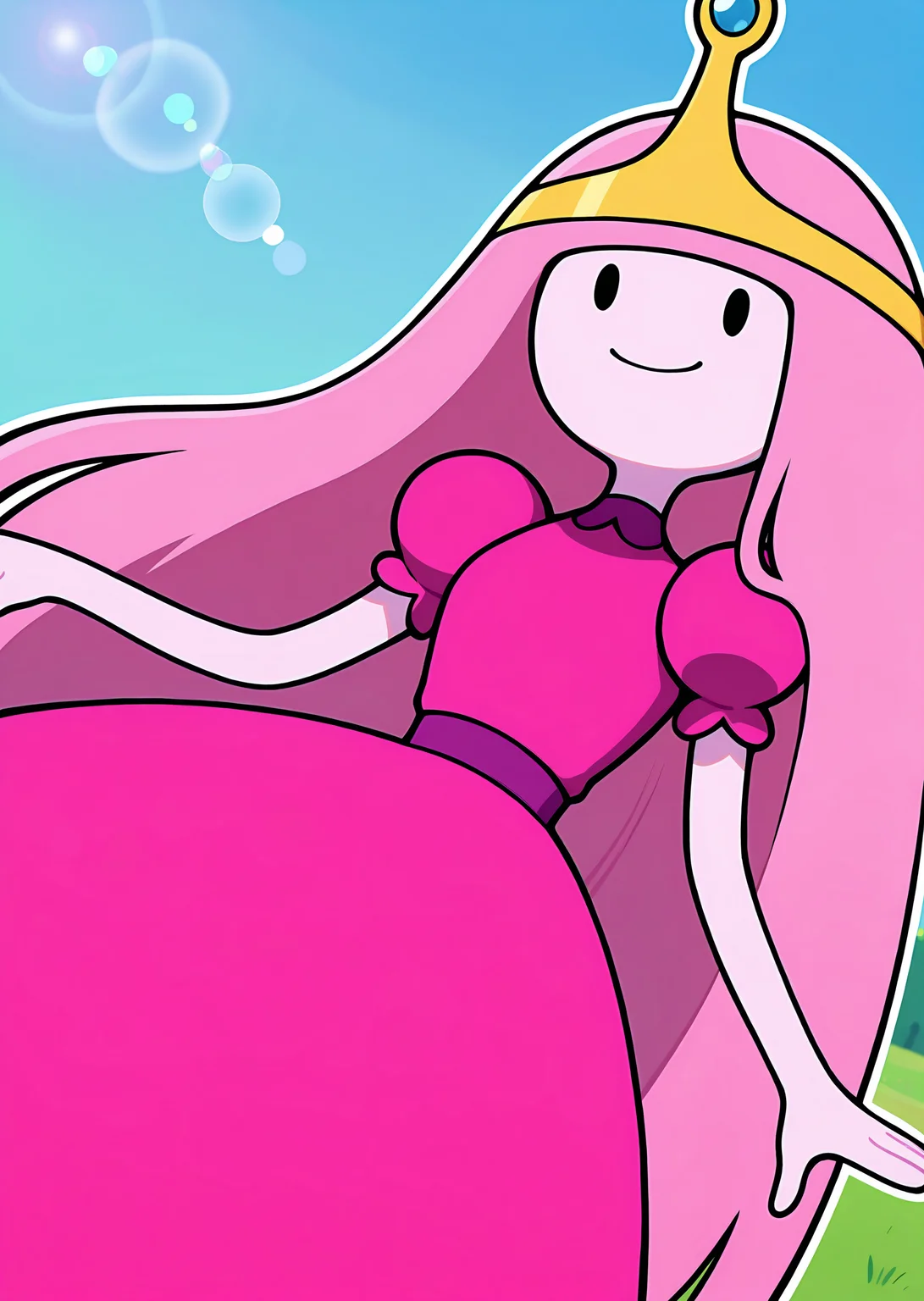 <lora:OMS_PB:1> oms_pb, dot eyes, 1girl, solo, pink hair, pink skin, very long hair, solo, pink dress, tiara,
amazing quality,very aesthetic,absurdres,newest, dutch angle, cowboy shot, blurred background, white outline, lens flare,
looking at viewer, smile,
outdoors, green meadow,blue skies,dynamic pose,