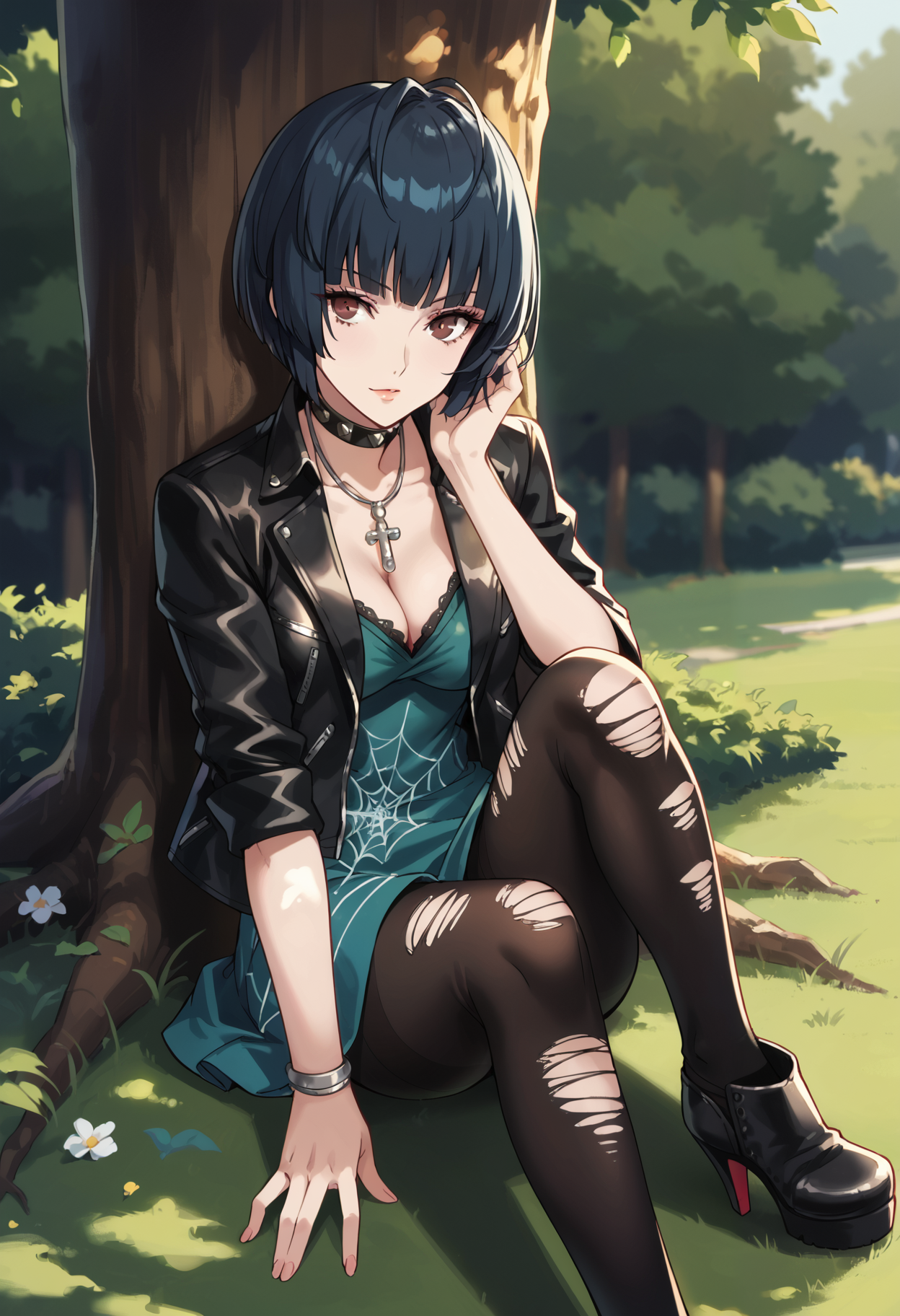 score_9, score_8_up, score_7_up, (source_anime), 1 girl, solo, cute face,
p5tae, tae takemi, short hair,
p5taecasual, black jacket, leather jacket, open jacket, green dress, cleavage, jewelry, cross necklace, studded collar, choker, spider web print, black pantyhose, ripped pantyhose, black footwear, high heel boots, ankle boots
outside, park, leaning against tree, sitting, knees together, top down view, looking at viewer,
masterpiece, best quality, ultra detailed, absurdres, very aesthetic