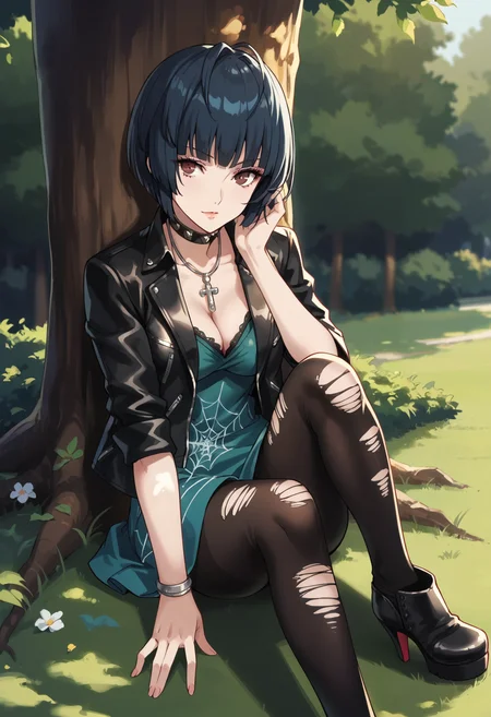 score_9, score_8_up, score_7_up, (source_anime), 1 girl, solo, cute face,
p5tae, tae takemi, short hair,
p5taecasual, black jacket, leather jacket, open jacket, green dress, cleavage, jewelry, cross necklace, studded collar, choker, spider web print, black pantyhose, ripped pantyhose, black footwear, high heel boots, ankle boots
outside, park, leaning against tree, sitting, knees together, top down view, looking at viewer,
masterpiece, best quality, ultra detailed, absurdres, very aesthetic