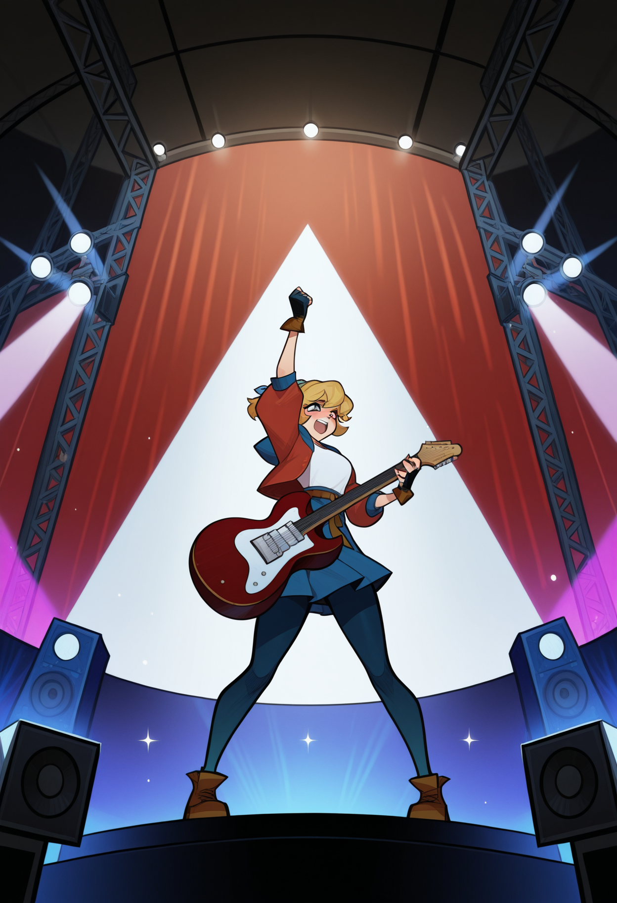 masterpiece, best quality, amazing quality,,<lora:cadence_illustrious_byJaneB:1>,1igrl. solo, c4dence,
red jacket, blue skirt, pantyhose, white shirt,  fingerless gloves,  concert, guitar,  <lora:afkArenaIllustrious:1> afkArenaStyle, stage, stage lights,