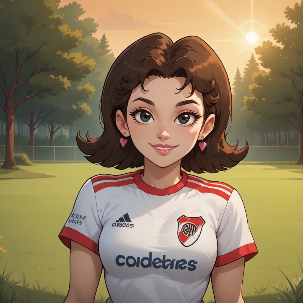 score_9, score_8, BREAK, solo, brown hair, black eyes, pink lips, lipstick, RiverPlate, striped shirt, striped, shirt, white shirt, short sleeves, clothes writing, sportswear, soccer uniform, pink earrings, breasts, Total Drama, Gwens_mother_(Total_Drama), cute, sexy pose, self portrait, smile, outdoors, sunlight, shadows, evening lighting, natural lighting, forest, trees, grass, orange sky, sunset