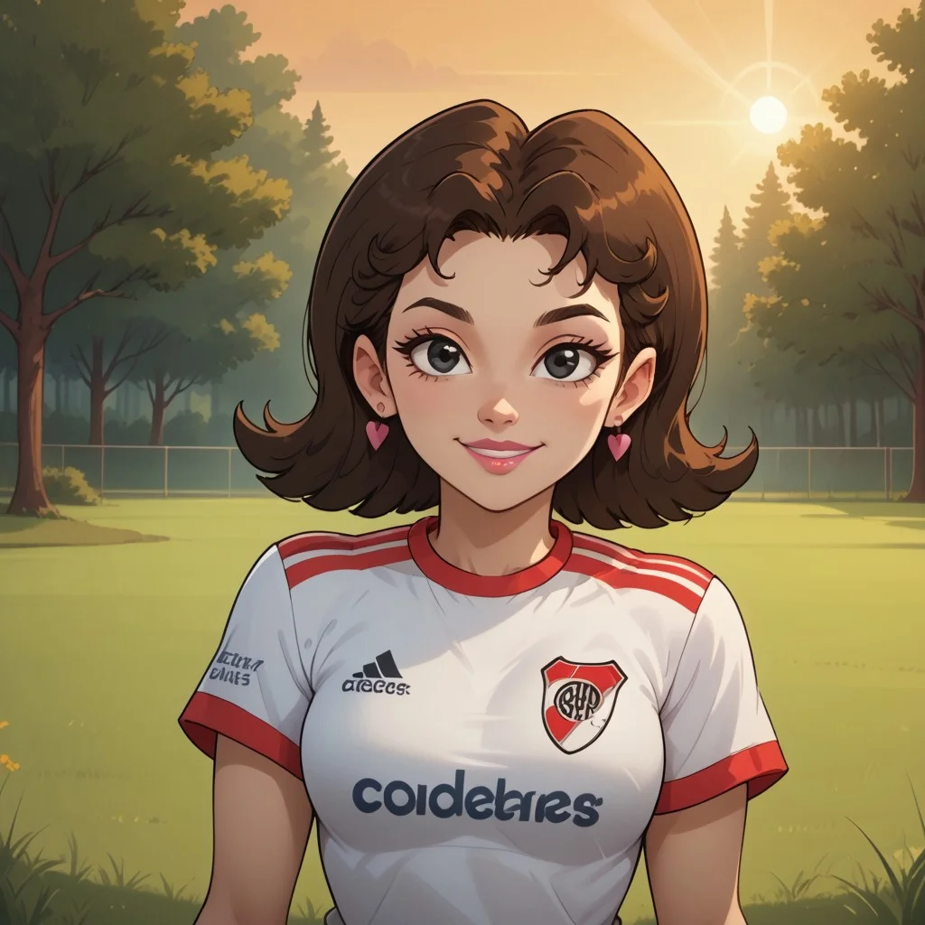 score_9, score_8, BREAK, solo, brown hair, black eyes, pink lips, lipstick, RiverPlate, striped shirt, striped, shirt, white shirt, short sleeves, clothes writing, sportswear, soccer uniform, pink earrings, breasts, Total Drama, Gwens_mother_(Total_Drama), cute, sexy pose, self portrait, smile, outdoors, sunlight, shadows, evening lighting, natural lighting, forest, trees, grass, orange sky, sunset