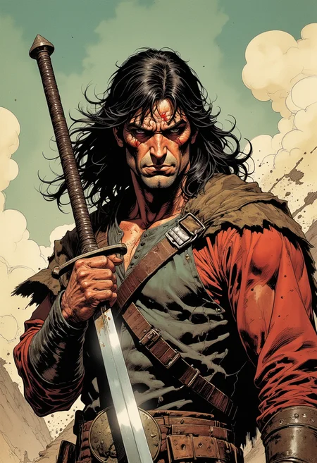 Comic book style, concept art of Conan the Barbarian a man with a sword and a perfect grip hand comic book magazine style, digital artwork, illustrative, painterly, matte painting, highly detailed.