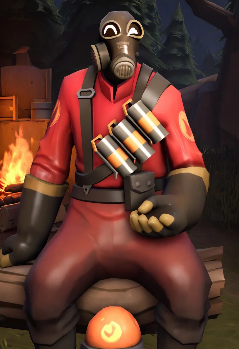 score_9, score_8_up, score_7_up, score_6_up, score_5_up, score_4_up, BREAK , solo, 1boy,
ingame, team fortress 2, mask focus, male focus, colorful image, 3D, black lenses,
gas mask, 1boy, tf2_pyro, gas mask, pyro suit, grenades, harness, in front of viewer, gas canister on back, black gloves, black boots, sitting on a log, forest, next to a campfire, looking at viewer, night, happy, emotional_lenses, hands on lap, campfire in front of pyro,