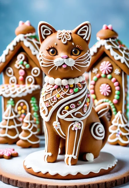 cute cat, anime, Depth of field 100mm, cute and lovely, masterpiece, Gingerbread, icing, candy, aesthetic, highly intricate, highly color focused, unique, professional creative, deep aesthetic, contemporary, highly complex