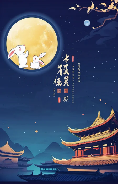masterpiece,best quality,<lora:zqhb-000009:0.8>,scenery,bunny,east_asian_architecture,full_moon,poster design,night_sky,border,
