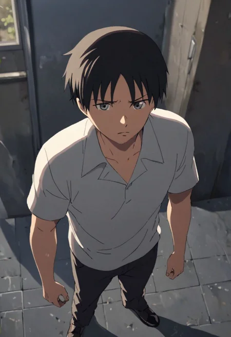 Highres, Masterpiece, High Quality, 4K, 8K, solo, 1Boy, Takaki Toono, adult, black hair, short hair, standing, straight facing upwards, casual, seen from above, arrogant face, dominant, intimidate, easynegative, detailed_eye_model