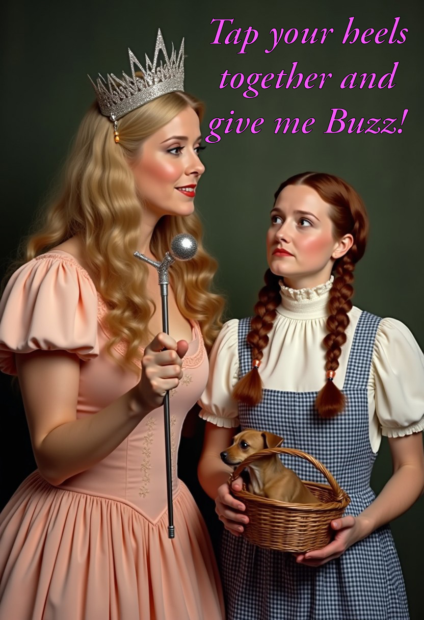 [classic , colorized with 1930's technicolor, cinematic photograph, including the script "Tap your heels together and give me buzz." visibly seen in frame printed in a speechbubble above Glinda  ] , ((On the left, (Glinda the Good Witch) (with long wavey reddy-blonde hair under a very tall silver crown), (wearing a peachypink dress with sparkles), (wide chiffon shoulder pieces) (and extremely wide crinoline hoop skirt), (holding a long silver wand , the wand is topped by a star); (a speechbubble is seen above her and the words "Tap your heels together and give me buzz." are seen printed in legible font , the words "Tap your heels together" are seen printed in large yellow brick font, the words "and give me buzz." are seen printed in emerald green crystal font)), 
<< BREAK >> ,
(( on the right confused adult (Dorothy Gale) wearing (a white high neck blouse with short puffed sleeves) under a (pinafore-style dress made of blue-and-white gingham fabric) , (she has auburn hair with braided twin tails) and is holding ( her Cairn Terrier, Toto) in a (wicker basket); she has a very confused expression))
((The speechbubble seen above (Glinda the Good Witch) has only the text "Tap your heels together and give me buzz." seen printed legibly in it))