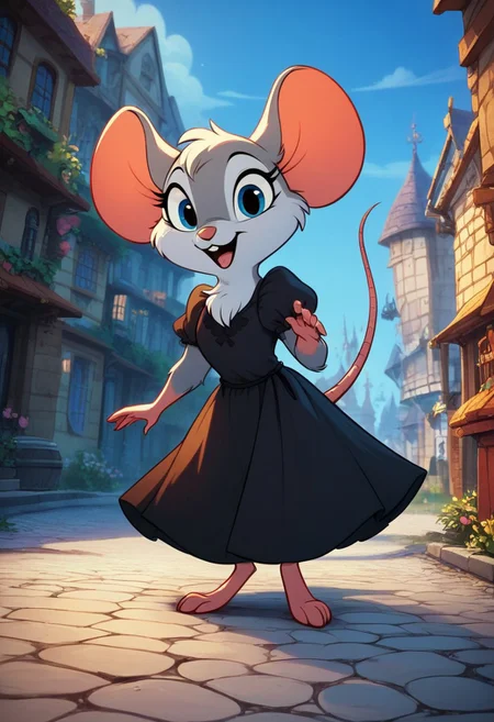score_9, score_8_up, score_8, solo, (fluffy:0.8), (feral), furry, (((mouse))), female, (fluffy cheeks:0.7), (simple dress), cute, (solo:2), j_cartoon, village, cobblestone path, look at viewer, (smile:0.5), surprised expression,