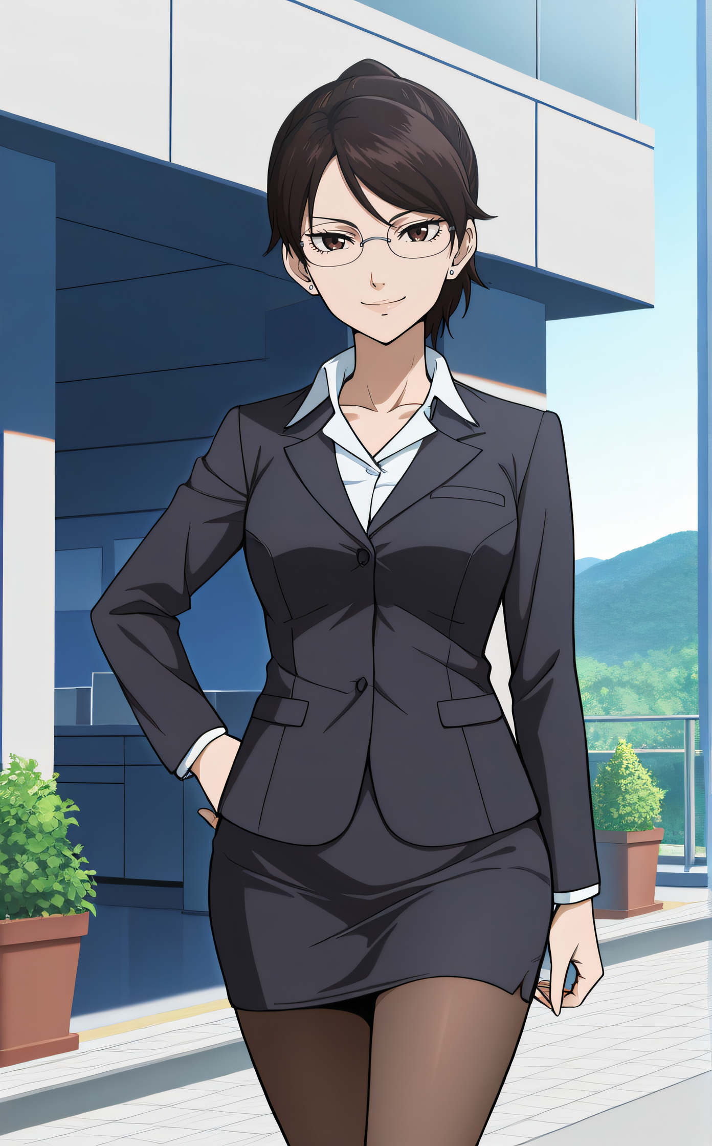 masterpiece, best quality, highres, scenery, newest, 1girl, solo, official style, <lora:Takashima_Rei:1>, takashimarei, glasses, office lady, jacket, pencil skirt, brown pantyhose, smile, outdoor, looking at viewer, cowboy shot, hand on hip