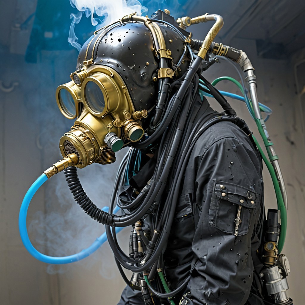 Blame! by Tsutomu Nihei steampunk cyborg, black oil splatter, is flying through a void of blue, golden plated cables everywhere, translucent gas mask head, pipes in background, black smoke, green everywhere, steam everywhere, steam everywhere, titanium everywhere, electric everywhere, easynegative, ng_deepnegative_v1_75t