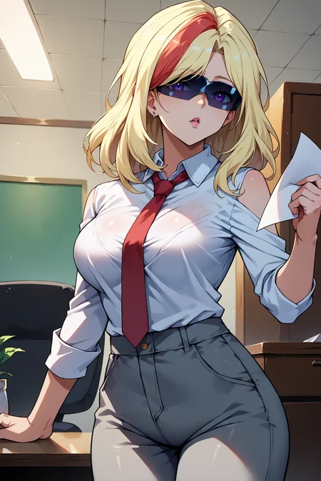 score_9, score_8_up, score_7_up, score_6_up, source_anime, 1girl, solo, <lora:hasumirain-pdxl-nvwls-v1-000005:1> valkHR, multicolored hair, blonde hair, medium hair, purple eyes, sunglasses, covered eyes, large breasts, white shirt, collared shirt, red necktie, grey pants, looking at you, holding papers, office, chestnut mouth
