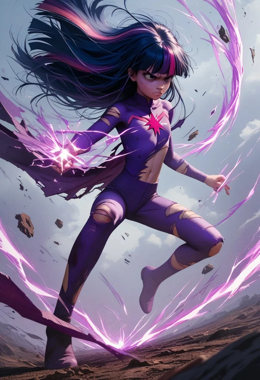 score_9, score_8_up, score_7_up, score_6_up, score_5_up, score_4_up, 1girl, twilight sparkle, superhero, long hair, torn clothes, cuts and bruises, determined look, wind blowing hair, purple energy, flat chest, skinny, full body