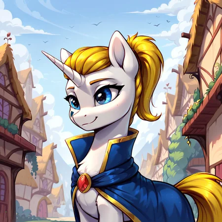 masterpiece, score_9, score_8_up, score_7_up, (best quality:1.1), ultra-detailed, high resolution, solo, Honoria Goldmane, unicorn, pony, feral, mare, white skin, fluffy pony ears, horn, yellow mane, tail, ponytail, feral, female, (((beautiful detailed blue eyes))), (2black triangles on the cheek), blue cape, highly detailed macro illustration, smiling, mlp, outside, Highly Visible, (((8k))), sharp focus, perfect lighting, anatomically correct, extremely detailed, shine on body, (Pony town), high detail, cute face, Expressiveh, detailed background, OverallDetail, zPDXL2,