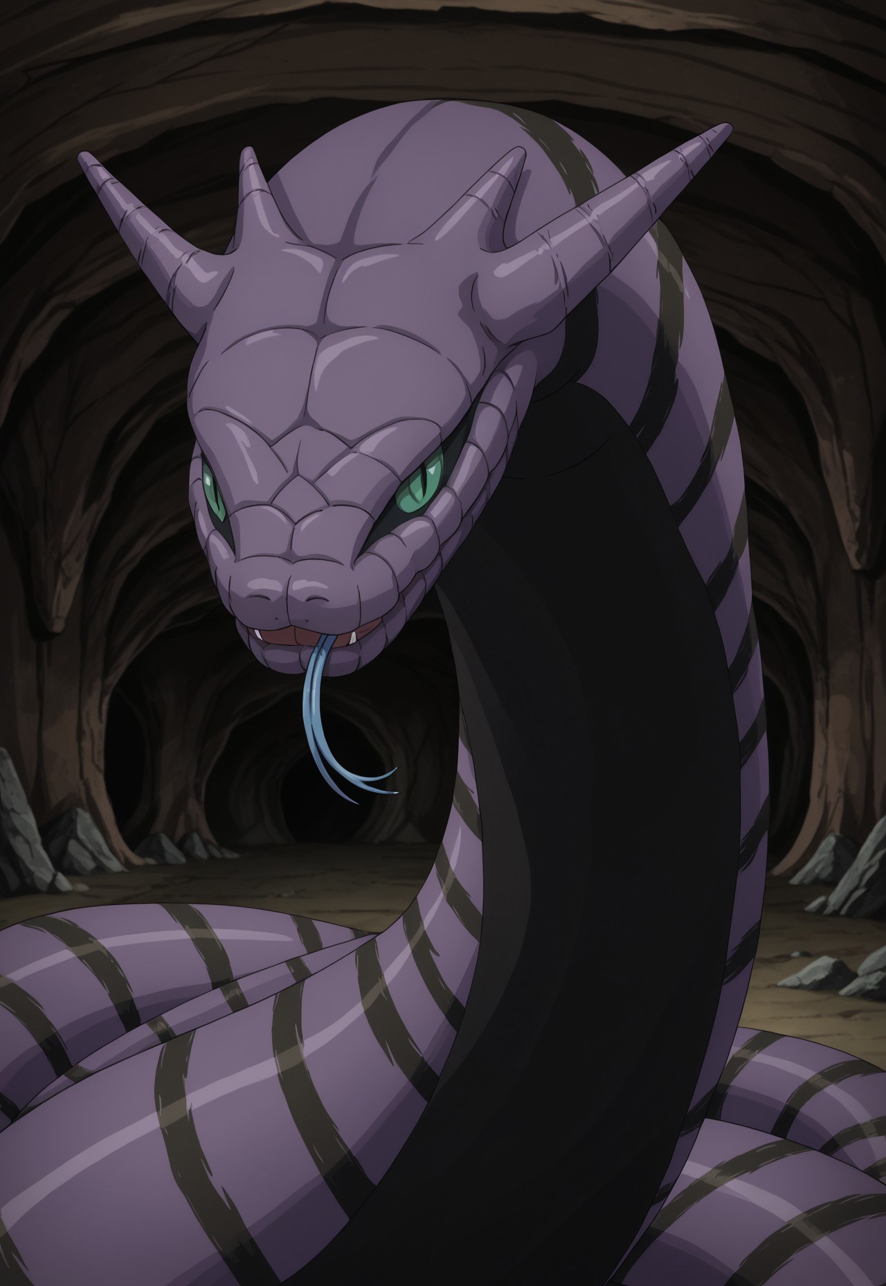 safe_pos, masterpiece, best quality, solo, Naruto_Manda, snake, slit pupils, green eyes, purple body, body markings, black eye markings, 2 pair of horns, black belly scales, cave, closed mouth, blue tongue, forked tongue, tongue out, cowboy shot, forrest, dynamic perspective