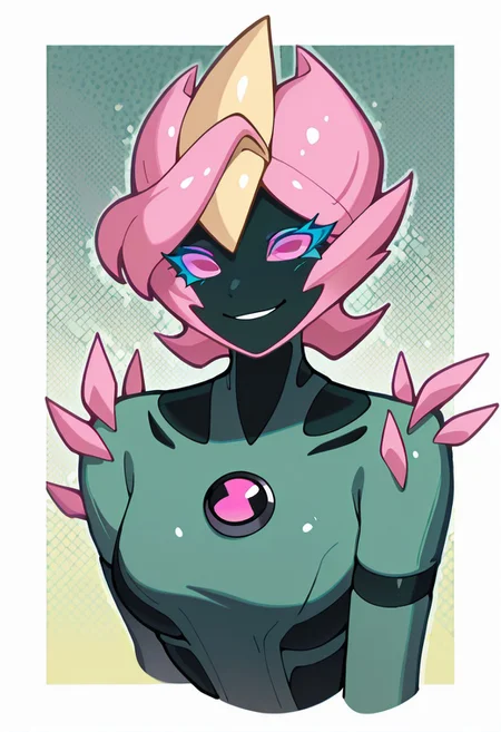 masterpiece, best quality, amazing quality, very aesthetic, absurdres, newest,
swampfire, colored skin, spikes, colored sclera, 1girl, wild yellow bang, , green skin, pink eyes,, shoulder spikes, pink hair, no humans, smile, smiling,, ((upper body, halftone effect, white borders, abstract background:1.2,))