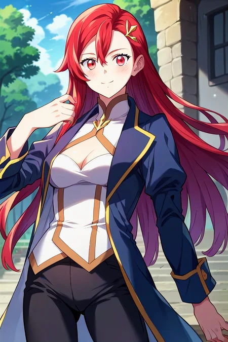 score_9, score_8_up, score_7_up, score_6_up, score_5_up, score_4_up, rating_questionable, , source_anime, digital illustration, pixiv, fanbox, uncensored, , BREAK, official art,
1girl, solo, female, camus, red hair, long hair,hair ornament,
white dress, cleavage cutout, blue coat, black pants, light smile , outdoors, blush, looking at viewer, cowboy shot, <lora:Camus_Pony-09:0.9>