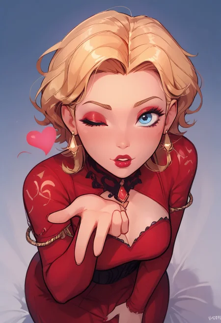 score_9, score_8_up, score_8, 1girl, solo, score_7_up, 20 years old girl, hot, blonde hair, long, blue eyes, pale skin, eyeliner, makeup, (flirty expression:1.2), depth of field, red
tight dress, night valentines setting, from above, sfw, safe for work, blowing kiss, heart, looking at viewer, sexy wink, 5 fingers hand, nightime,