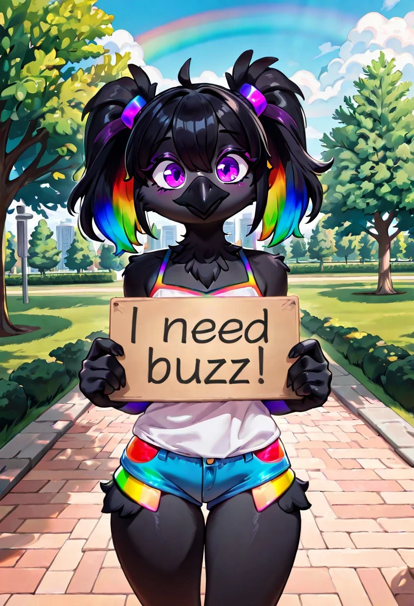 masterpiece,best quality,amazing quality,very aesthetic,high resolution,ultra-detailed,detailed background,absurdres,newest, high quality, detailed fur, 1girl, furry, anthro, raven, black feathers, black skin, purple eyes, black hair, rainbow streaks in hair, twintails, beak, brightly colored rainbow clothes, park, daytime, mini shorts, camisole, pov, park, need_buzz, holding sign saying "I need buzz"